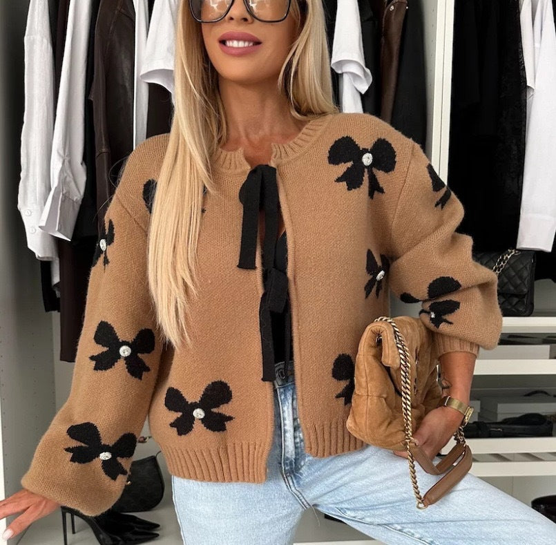 Damen Strickjacke mit dekorativen Schleifen und glänzenden Akzenten R&B