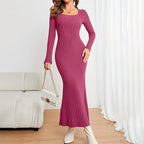 Damen Langarm Kleid mit Rippstrick und Quadrat-Ausschnitt