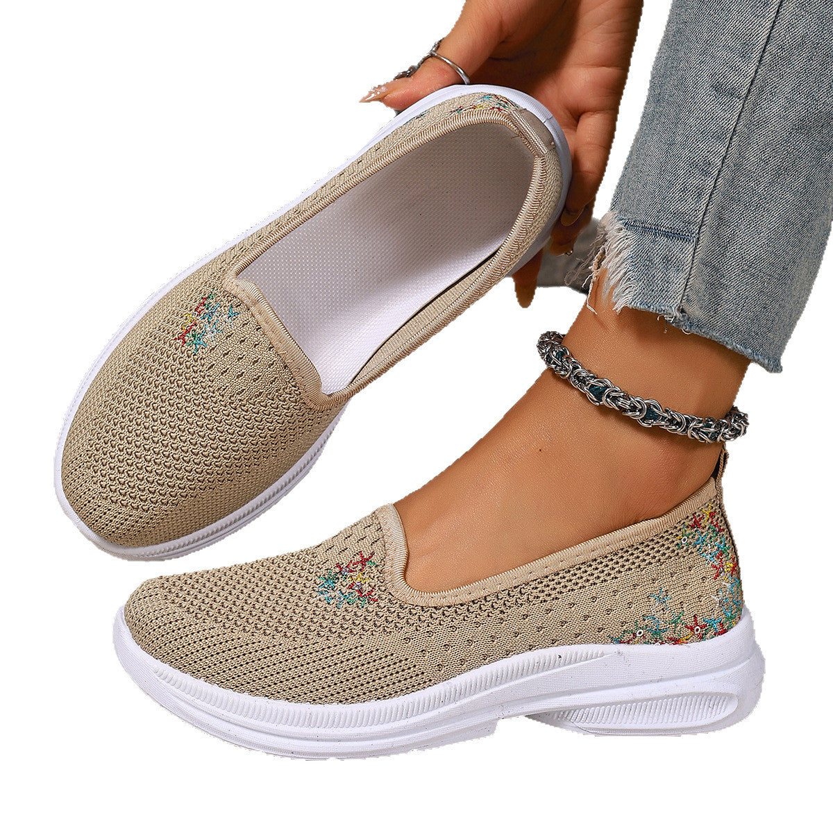 Damen Bequeme Slip-On Schuhe mit atmungsaktiver Strickoberfläche und floralem Muster R&B