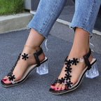 Damen Sandalen mit funkelnden Blumenapplikationen und klarem Blockabsatz R&B