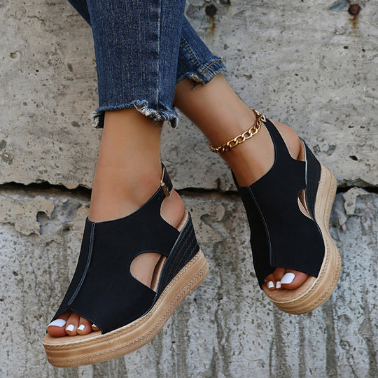 Damen Wedge-Sandalen mit offenem Zehenbereich und eleganter Schnalle R&B