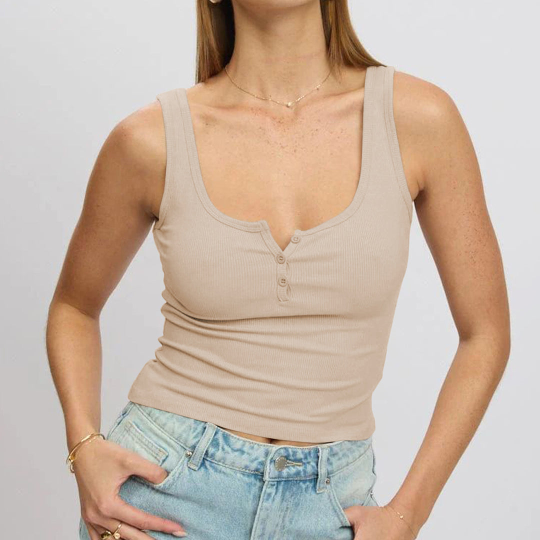 Damen körperbetontes Ripp-Top mit Knopfleiste und weitem Ausschnitt R&B