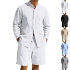Herren nan sommerliches Leinen-Set mit Stehkragenhemd und Kordelzug-Kurzhose R&B