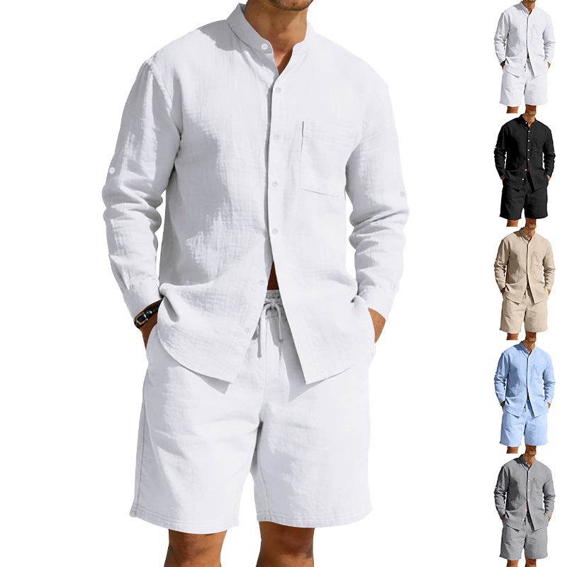 Herren nan sommerliches Leinen-Set mit Stehkragenhemd und Kordelzug-Kurzhose R&B