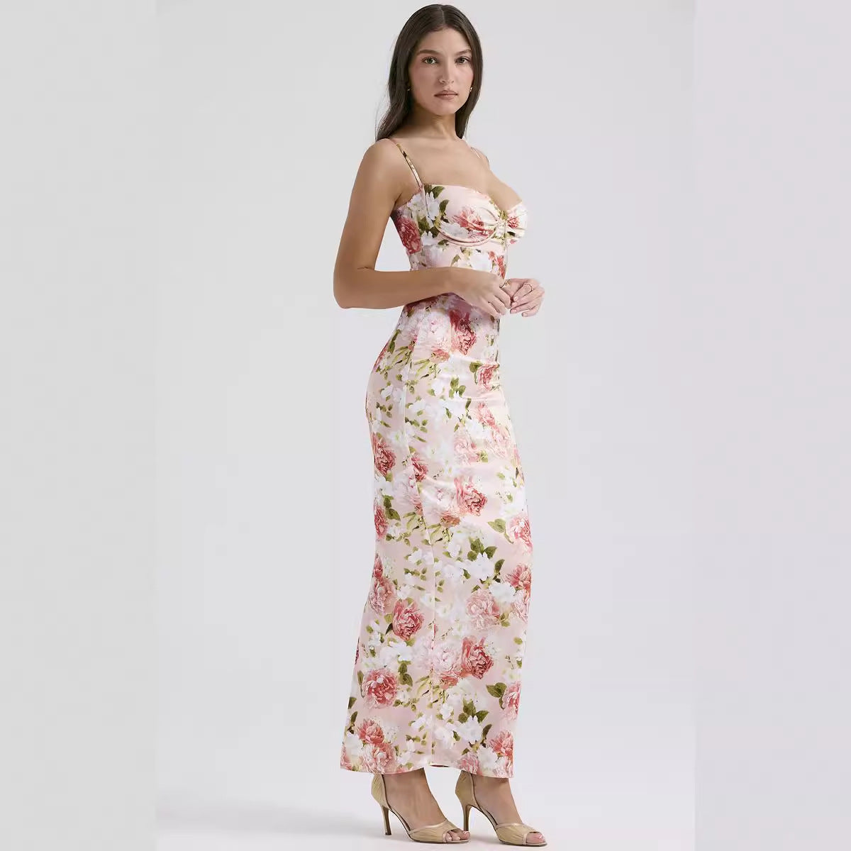 Damen Maxikleid mit floralem Spitzen-Design und schmalen Trägern R&B