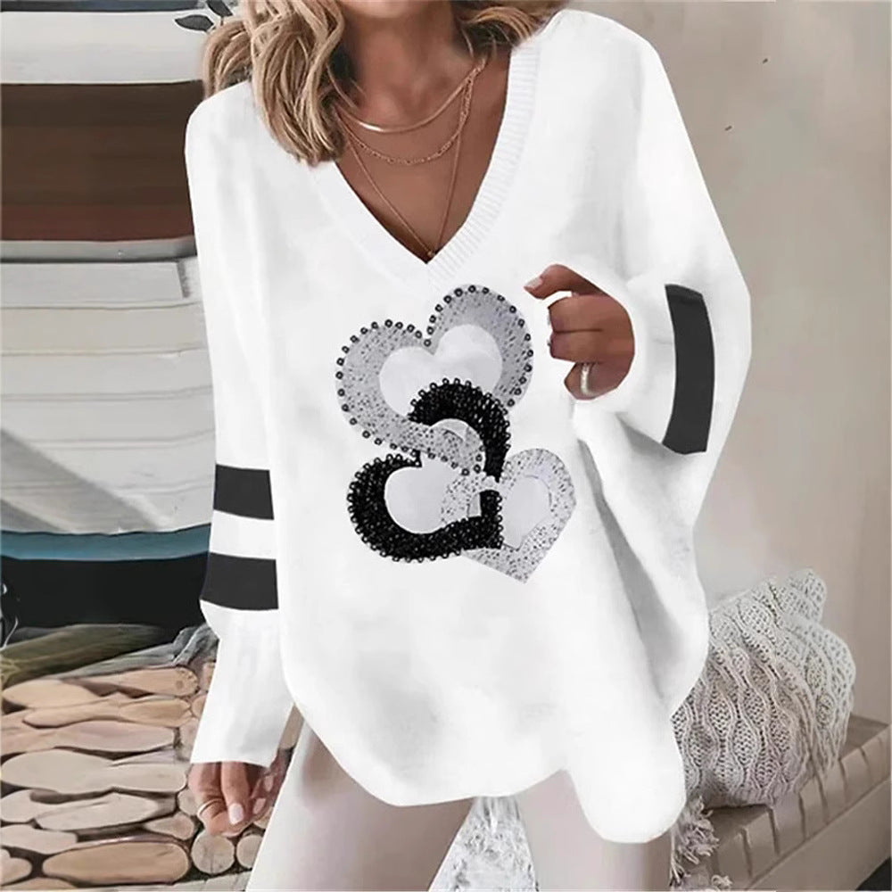 Damen nan übergroßer Strickpullover mit tiefem Ausschnitt Paillettenherz und Kontrastarmstreifen R&B