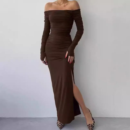 Damen Elegantes Off-Shoulder Maxikleid mit Raffung und langen Ärmeln R&B