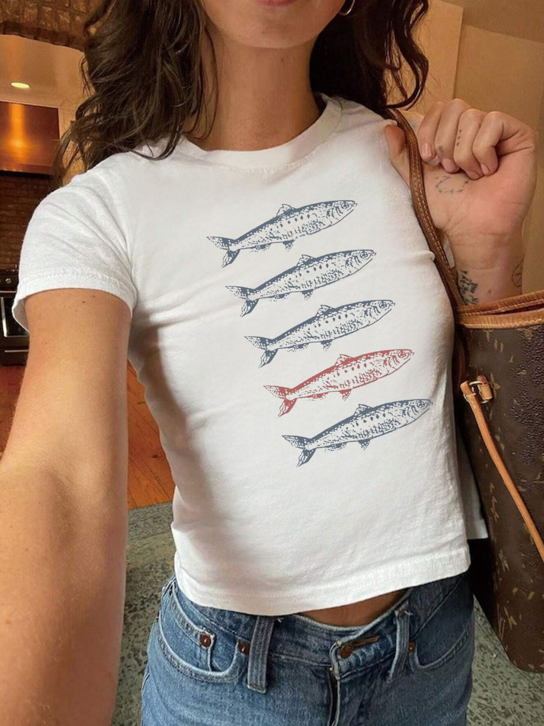 Damen Crop-T-Shirt mit künstlerischem Statementdruck R&B