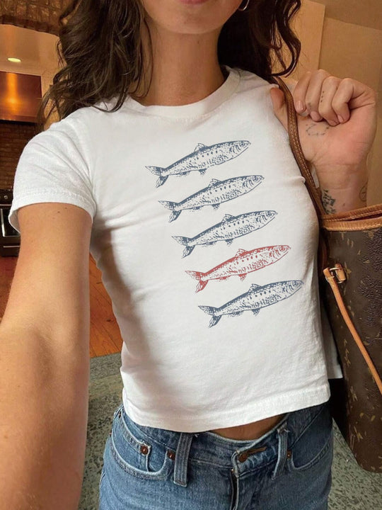 Damen Crop-T-Shirt mit künstlerischem Statementdruck R&B