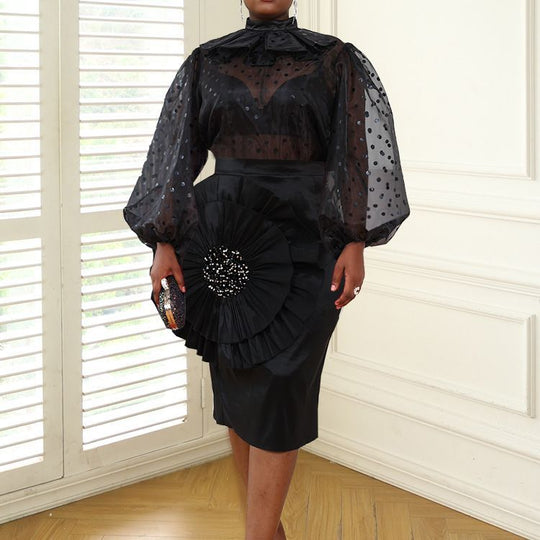 Damen Elegantes Kleid mit transparenten Puffärmeln und Rüschenakzent R&B