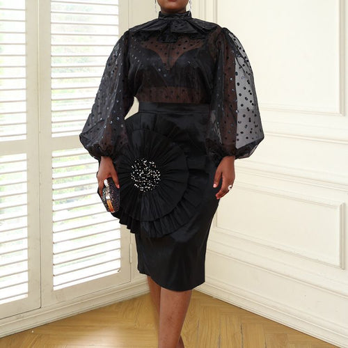 Damen Elegantes Kleid mit transparenten Puffärmeln und Rüschenakzent R&B