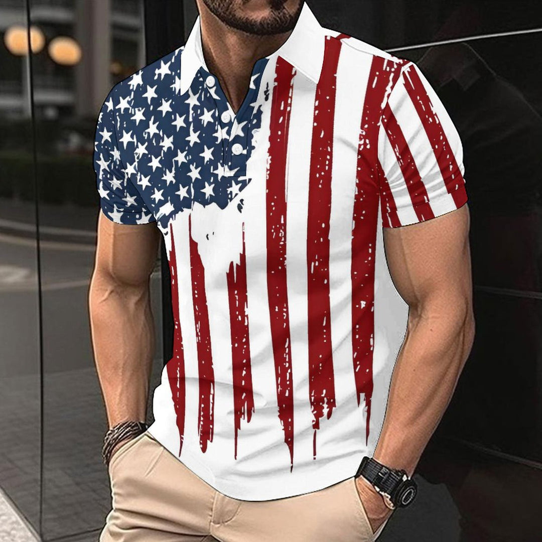 Herren Kurzarm-Polohemd mit kreativem Flaggenmotiv R&B