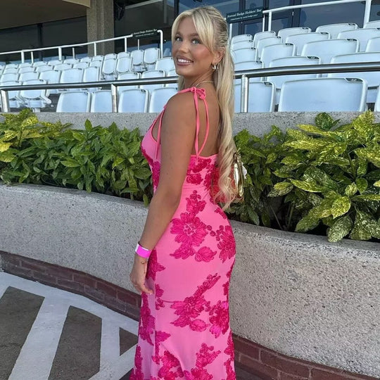Damen Maxikleid mit floralem Spitzenmuster und verstellbaren Trägern R&B