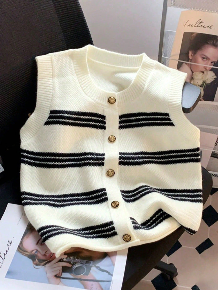 Strickjacke Damen ärmellos mit Knopfleiste und Streifen