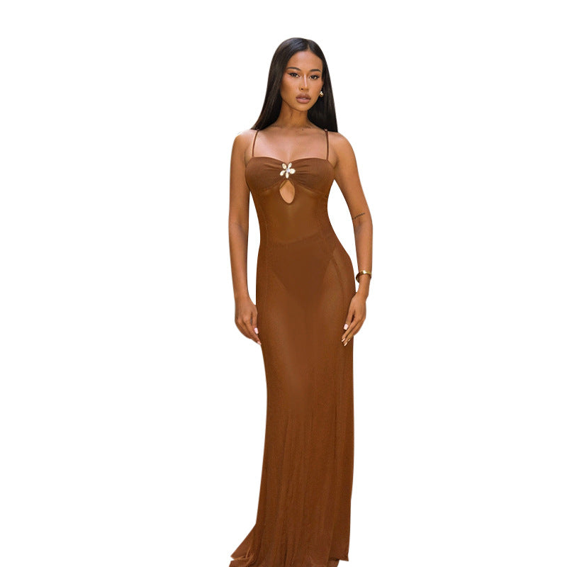 Damen transparenter Strand-Mantel mit verführerischem Cut-Out und zarter Blumenapplikation R&B