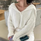 Damen lässiger Pullover mit tiefem V-Ausschnitt und strukturiertem Maschenmuster R&B