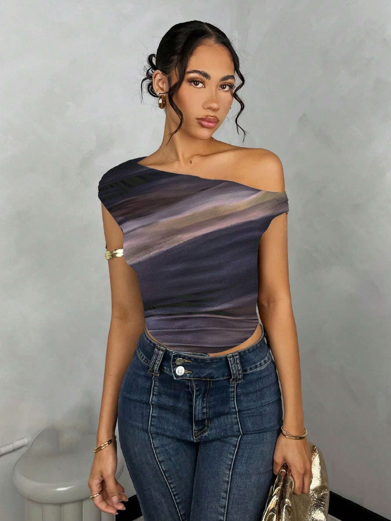 Damen Asymmetrisches Crop-Top mit elegantem Wellendesign und raffiniertem Schnitt R&B