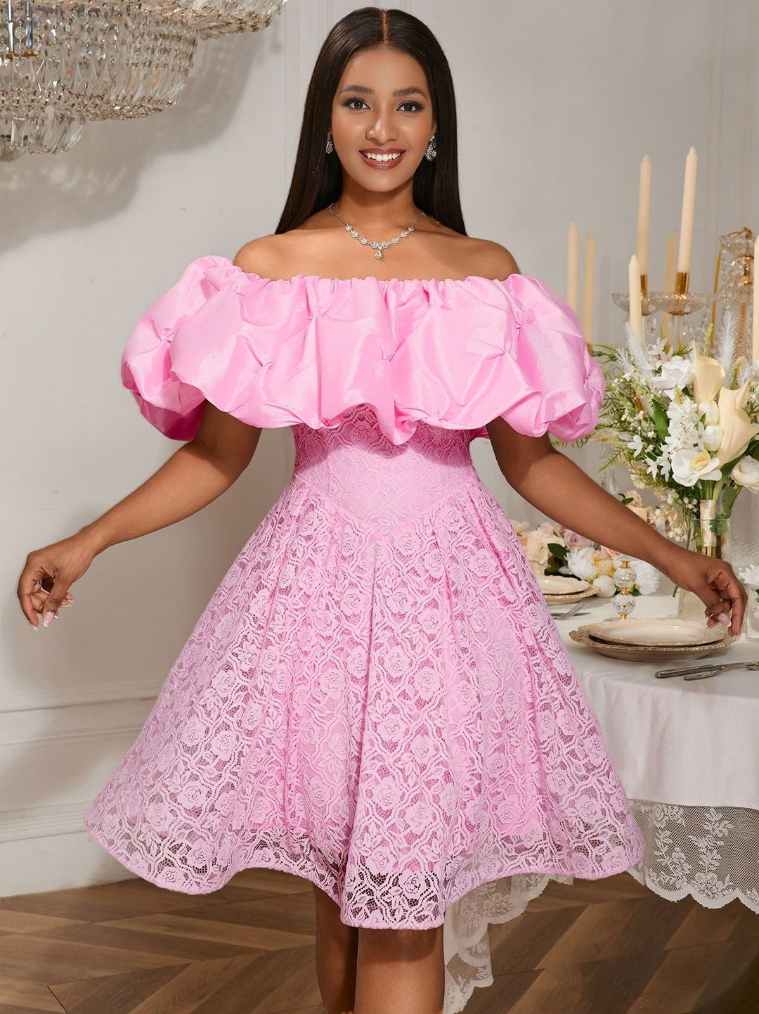 Damen A-Linien Kleid mit floralen Spitzenapplikationen und voluminösen Puffärmeln R&B