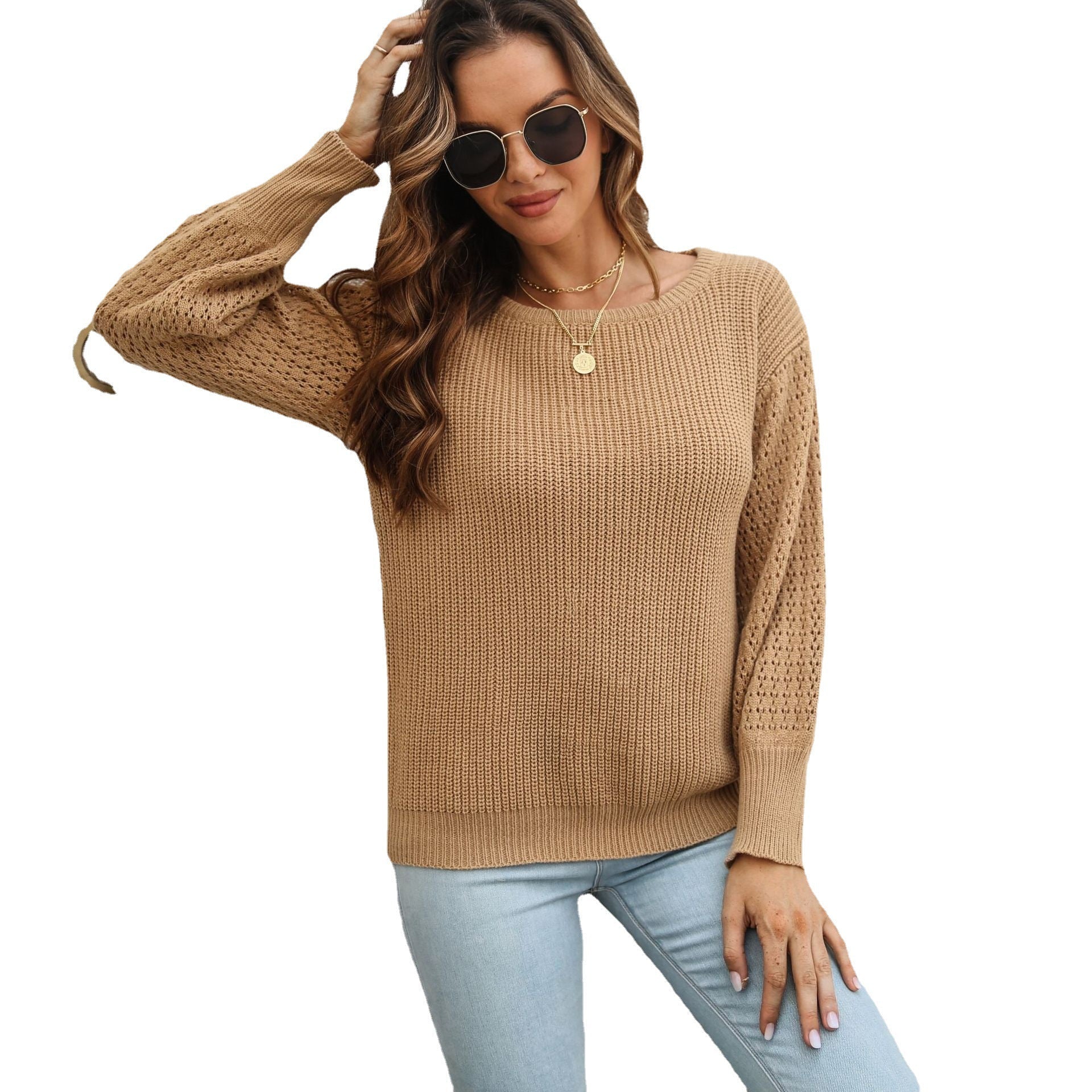 Damen Strickpullover mit luftigen Ärmeln und modernem Lochmuster R&B