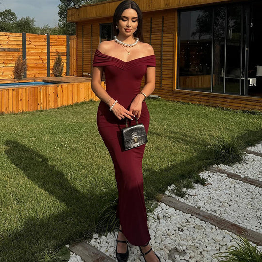 Damen Elegantes Maxikleid mit Off-Shoulder Design und taillierter Silhouette R&B