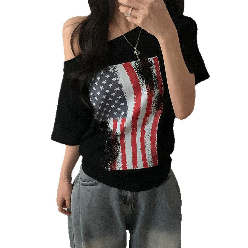 Damen lässiges T-Shirt mit amerikanischem Flaggen-Design und weichem Baumwollmaterial R&B