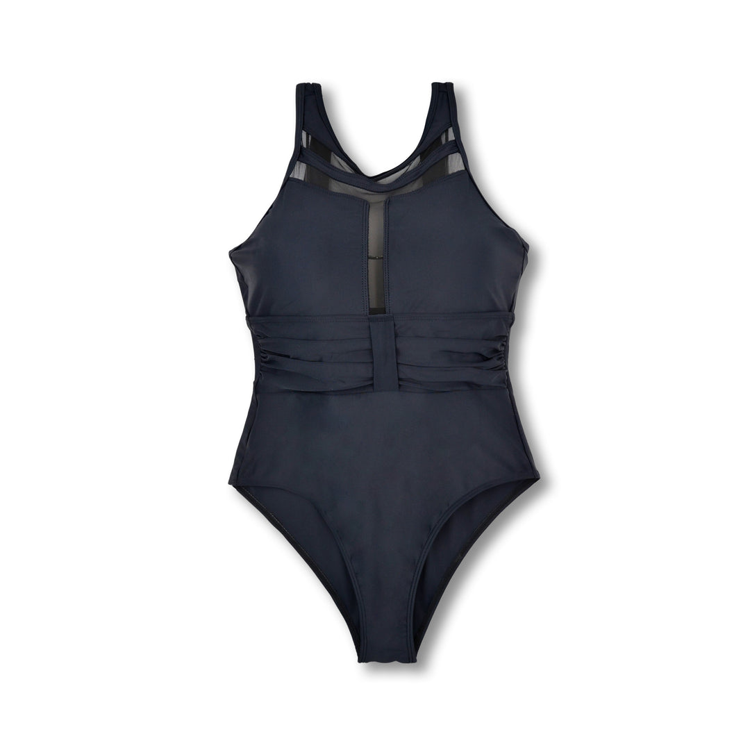 Damen Sportlicher Einteiler Badeanzug mit transparenten Mesh-Details R&B