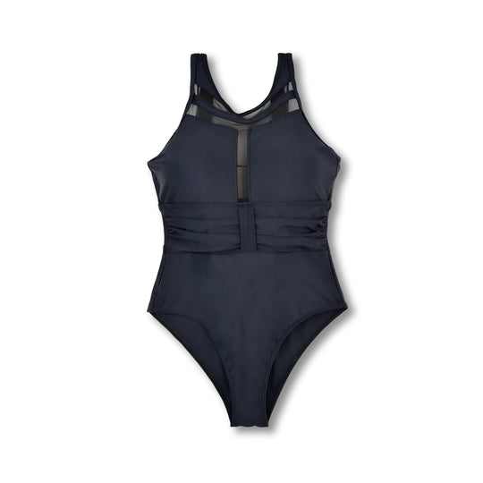 Damen Sportlicher Einteiler Badeanzug mit transparenten Mesh-Details R&B