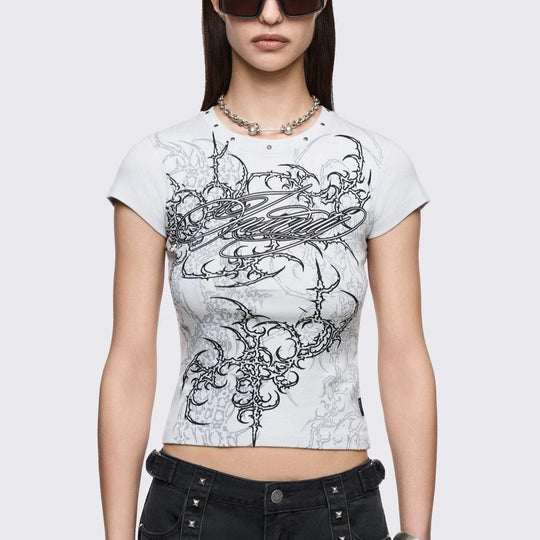 Damen Figurbetontes Kurzarm-T-Shirt mit Grafischem Design R&B