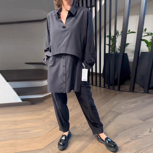 Damen nan urbanes Lagenhemd-Set mit überlappendem Kurzüberwurf und konisch geschnittener Bundfaltenhose R&B