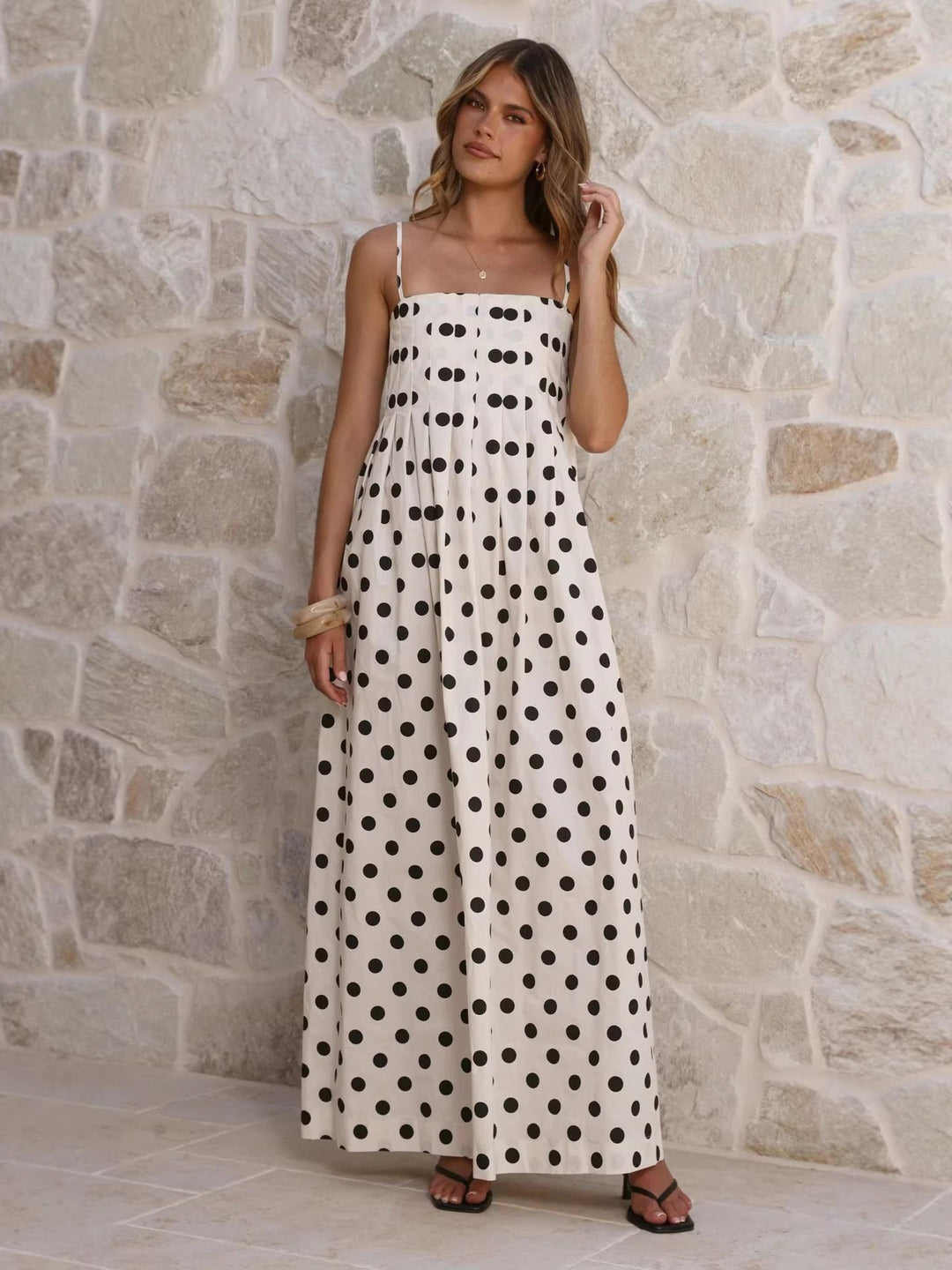 Damen Maxikleid mit verspieltem Punkte-Muster und schulterfreien Trägern R&B
