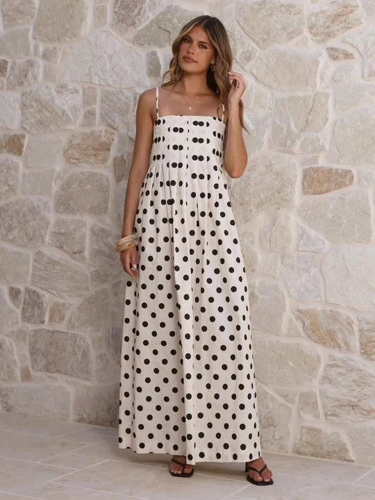 Damen Maxikleid mit verspieltem Punkte-Muster und schulterfreien Trägern R&B