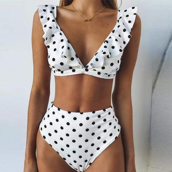 Damen Hoch tailliertes Bikini-Set mit verspielten Rüschen und Pünktchen R&B