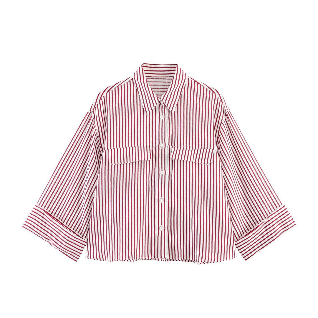 Damen gestreifte Bluse mit voluminösen Ärmeln und praktischen Taschen R&B
