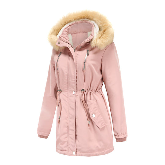 Damen modische Outdoor-Jacke mit abnehmbarem Kunstfellkragen und elastischem Taillenzug R&B