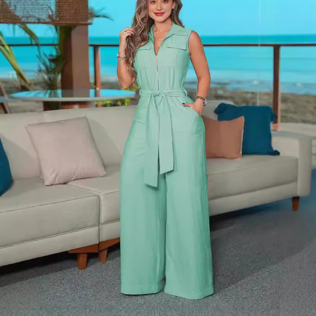 Damen Luftiger Jumpsuit mit Gürtel und Taschen