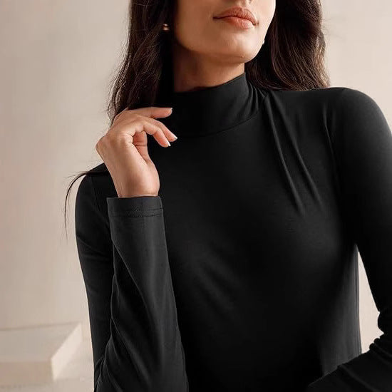 Damen Elegantes Langarm Maxikleid mit hohem Kragen und fließendem Rock R&B