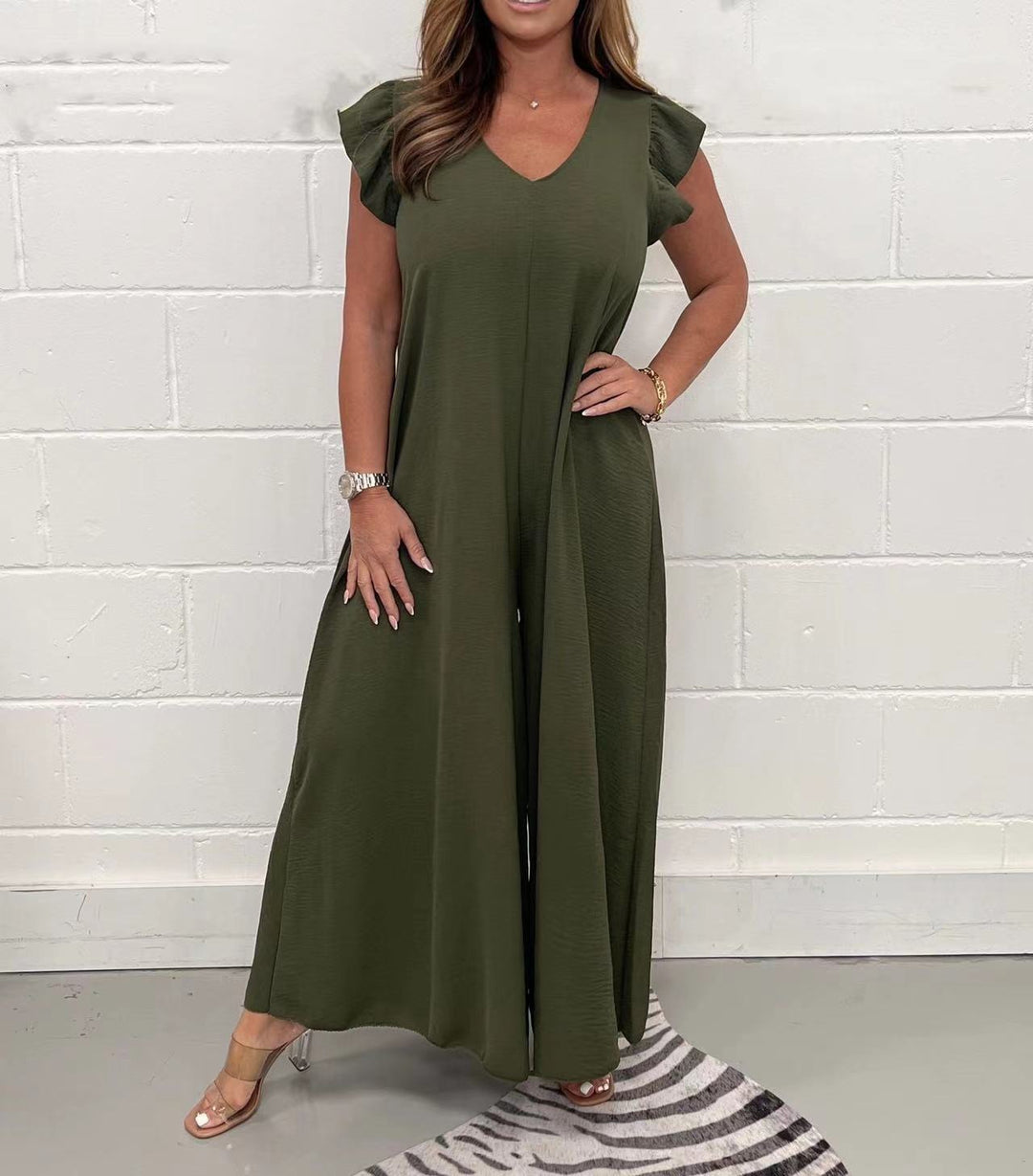 Damen luftiger Jumpsuit mit weit geschnittenem Bein und V-Ausschnitt R&B