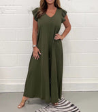 Damen luftiger Jumpsuit mit weit geschnittenem Bein und V-Ausschnitt R&B