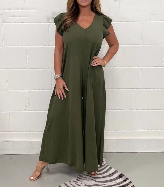 Damen luftiger Jumpsuit mit weit geschnittenem Bein und V-Ausschnitt R&B