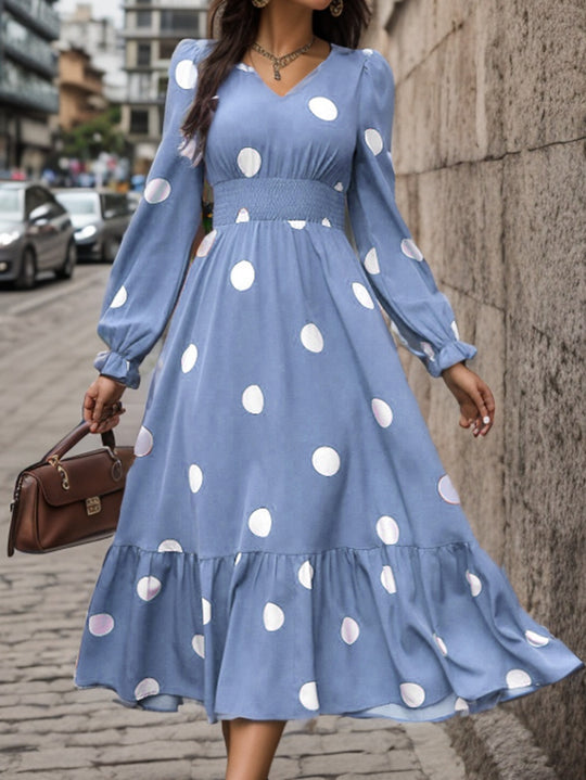Damen Elegantes Maxi-Kleid mit modischem Punkte-Design und Taillenbetonung R&B