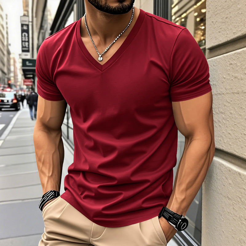 Herren nan klassisches V-Ausschnitt T-Shirt aus feinem Baumwolljersey mit verstärktem Nackenband und Doppelnaht R&B