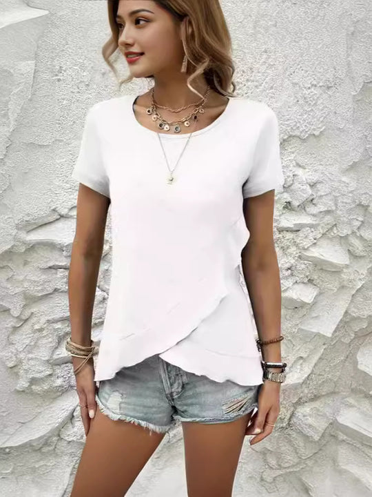 Damen lässiges asymmetrisches T-Shirt mit Rundhalsausschnitt und Raffung R&B