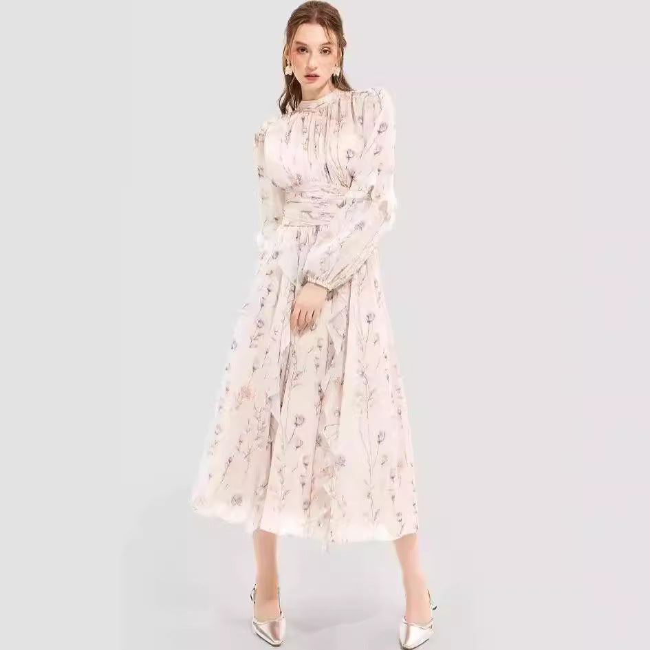 Damen Midi-Kleid mit floralen Stickereien und elegantem Rüschensaum R&B