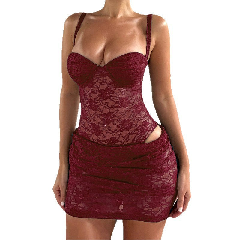 Damen Spitzenminikleid mit verführerischen Details und schmalen Trägern R&B