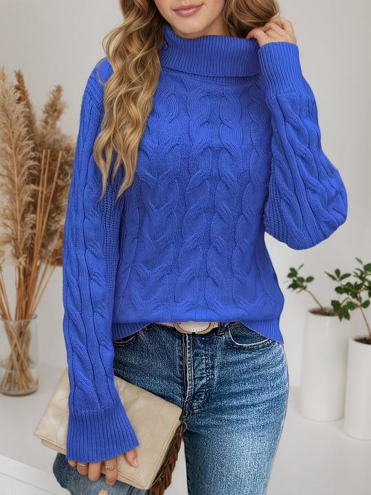 Damen Strickpullover mit hohem Kragen und Zopfmuster R&B