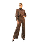 Damen gestreiftes Hosenanzug-Set mit voluminösen Ärmeln und Rüschendetails R&B