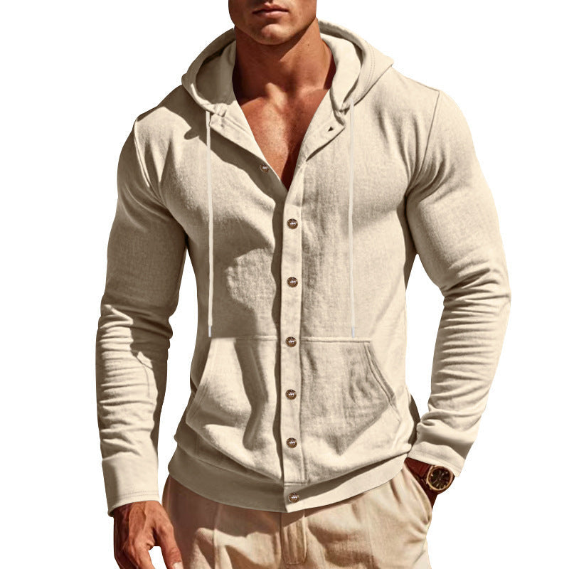 Herren nan leichte Kapuzen-Strickjacke mit durchgehender Knopfleiste schmaler Schnitt und Kängurutasche R&B