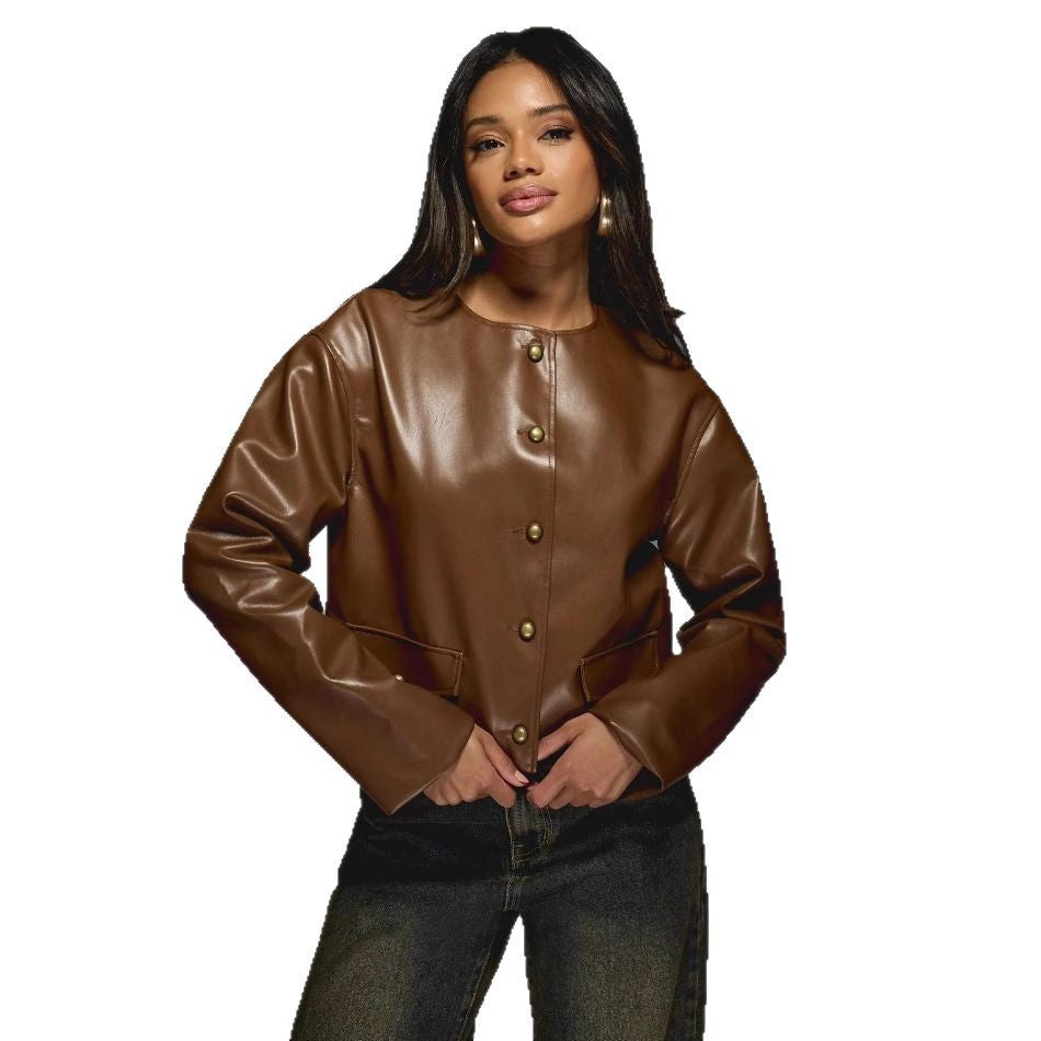 Damen Kunstlederjacke mit glänzendem Finish und dekorativen Knöpfen R&B