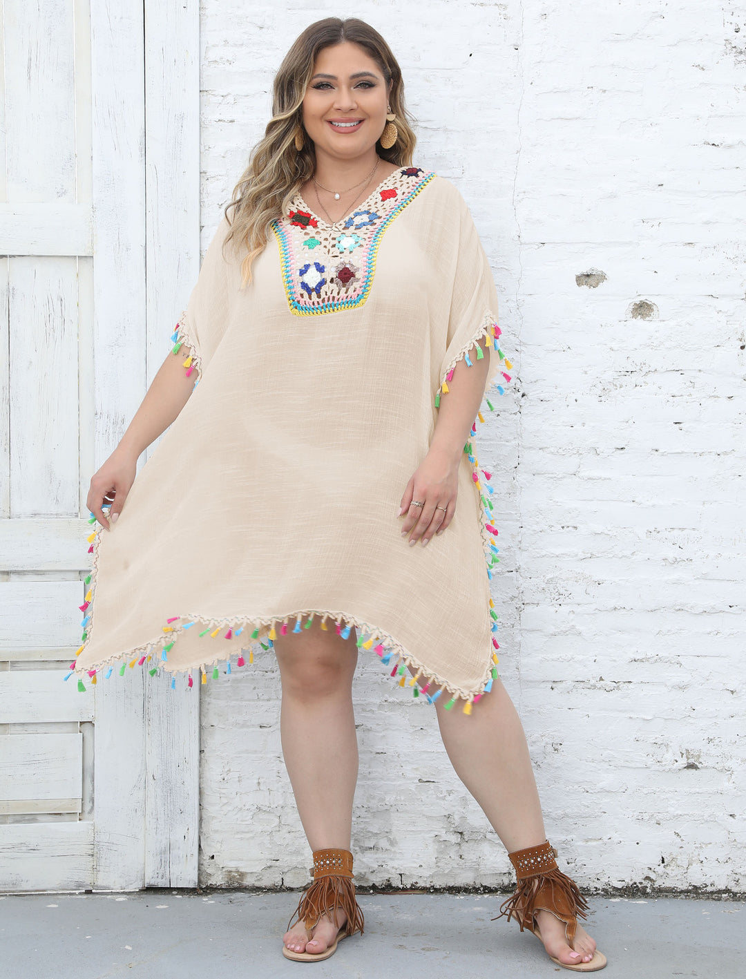 Damen Strandtunika mit fransigen Details R&B