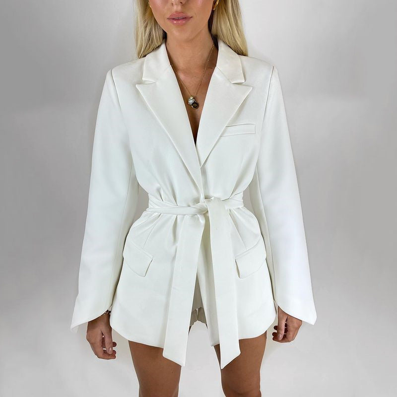 R&B | Blazer Longline Tailored Fit Selbstbinder Taille Revers Taschen
